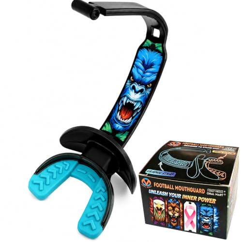 Oral Mart Football Mouth Guard with Helmet Strap (Fierce Gorilla), Fits Adult & Youth - Dual-Color with Graphic Strap, No Boil Ready to Use, Fits Braces, Football Pacifier Lip Guard Mouthpiece