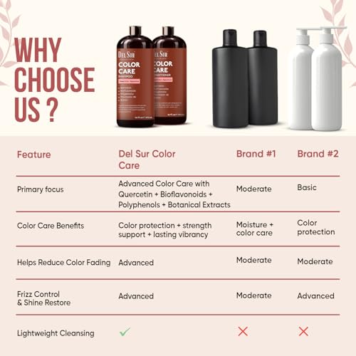 Image of DEL SUR Color Safe Shampoo and Conditioner Set for Color Treated Hair | Camellia Japonica, Quercetin & Biotin | Anti-Frizz & Hydrating | 16 fl oz Each