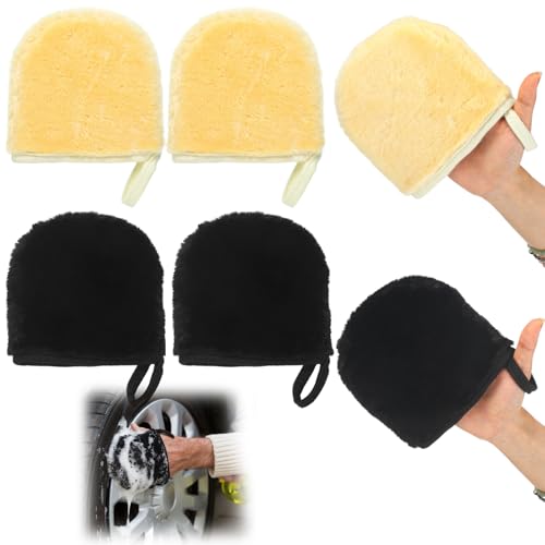 Funnysoft 4 Pcs Synthetic Wool Wheel Mitt Wash and Scrub Wheel Faces and Details Without Scratching or Marring Car Fits Over Fingers for Easy and Comfortable Detailing
