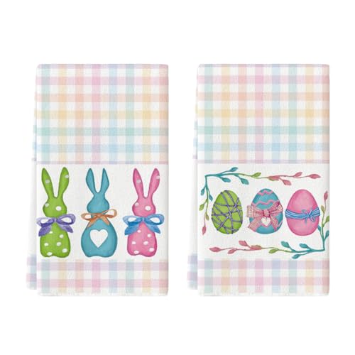 Artoid Mode Colorful Stripe Rabbit Bunny Eggs Easter Kitchen Towels Dish Towels, 18x26 Inch Spring Decoration Hand Towels Set of 2
