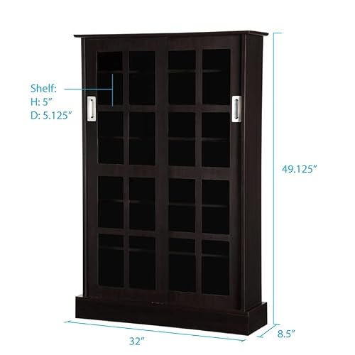 Atlantic Windowpane Media Storage Cabinet With Tempered Glass Pane Styled Sliding Doors, Holds Cd, Dvd Or Blu-Ray Media, Collectables Or Memorabilia, Pn 94835721 In Espresso #TOP5