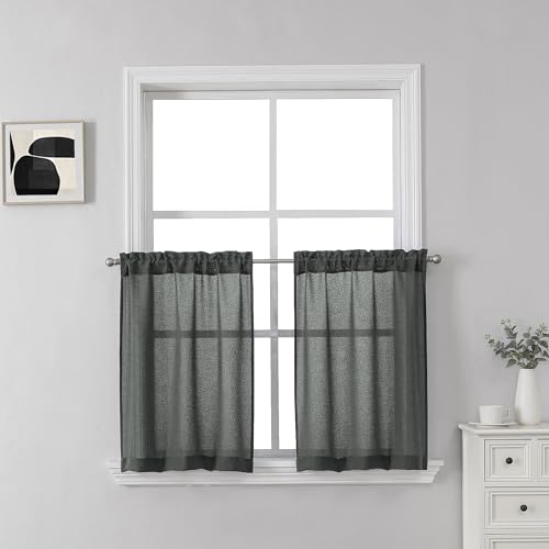 SeeGlee 24 Inch Length Linen Half Tier Curtains,2Pcs Privacy Light Filtering Semi Sheer Rod Pocket Small Valance Curtains for Kitchen Loft Short Window Charcoal/Dark Grey,26" W x 24" L