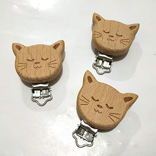 Image of 5pcs Natural Wood Suspender Pacifier Clips Cute Beech Wooden Animal Cat Shape Clips DIY Beading Pacifier Chain Accessory