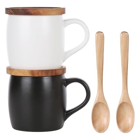 KKC HOME ACCENTS Ceramic Coffee Mug set of 2 with Lid,Ceramic Coffee Mugs Black & White, 13 OZ, Ceramic Coffee Cups Cover