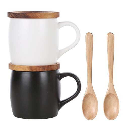 KKC HOME ACCENTS Ceramic Coffee Mug set of 2 with Lid,Ceramic Coffee Mugs Black & White, 13 OZ, Ceramic Coffee Cups