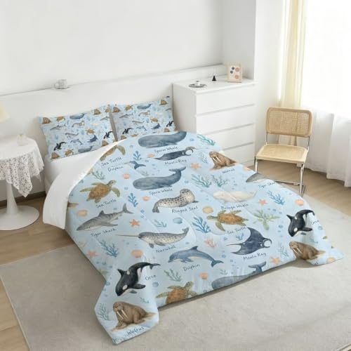 Image of Ocean Animal Comforter Set Queen Sea Creatures Bedding Set for Kids | Cute Watercolor Marine Animal Bedding Set for Boys Girls Teens, 3 Piece Kids Soft Comforter Set Bedroom Decor