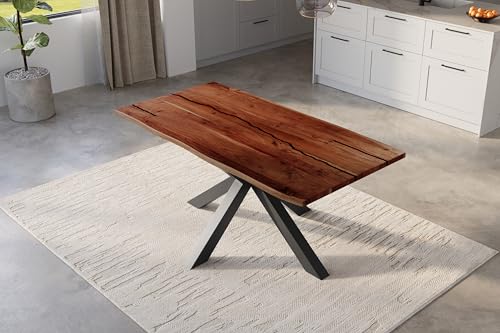 SAM Baumkantentisch 160 x 85 cm Polly, Epoxidharz-Adern in Schwarz, Akazienholz massiv + nussbaumfarben, Esstisch mit Spider-Eisengestell Schwarz, Tischplatte 26 mm, echte Baumkante
