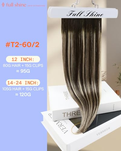 Image of Full Shine Clip in Extensions Real Human Hair Dark Brown Ombre, 20 Inch | Invisible Clip in Hair Extensions Human Hair, Dark Brown Balayage Blonde, Remy Hair Extensions, 7 Pcs 120g