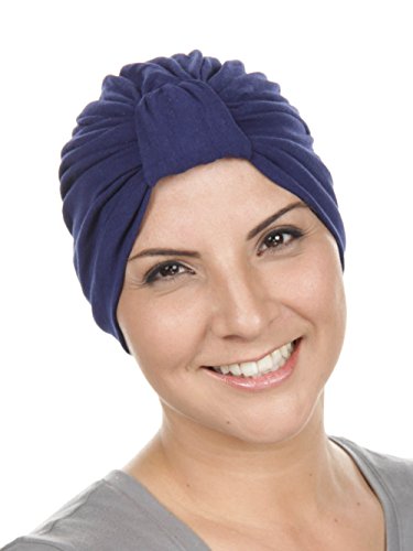 Classic Cotton Turban Pleated Chemo Cap for Women with Cancer in Navy Blue