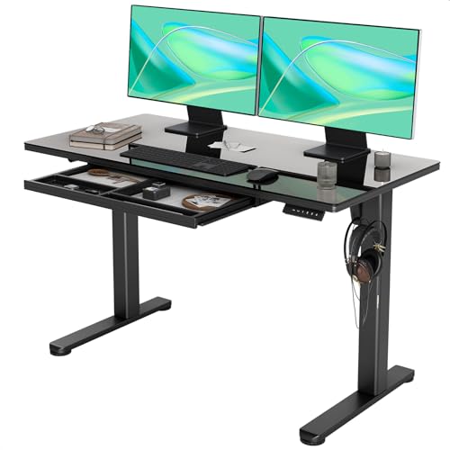 Image of INNOVAR Glass Standing Desk with Drawers, 48 x 24 Inches Electric Height Adjustable Desk, Tempered Glass Top Stand Up Desks for Home and Office, Black