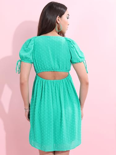 Image of Tokyo Talkies Women's Self-Design Fit & Flare Short Dress | Square Neck & Front Gathering | Chic & Feminine with Puff Sleeves