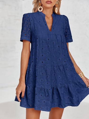 Image of Imily Bela Womens Summer Lace Dresses Eyelet Casual Flowy Babydoll Swing Short Sleeve V Neck Tunic Dress