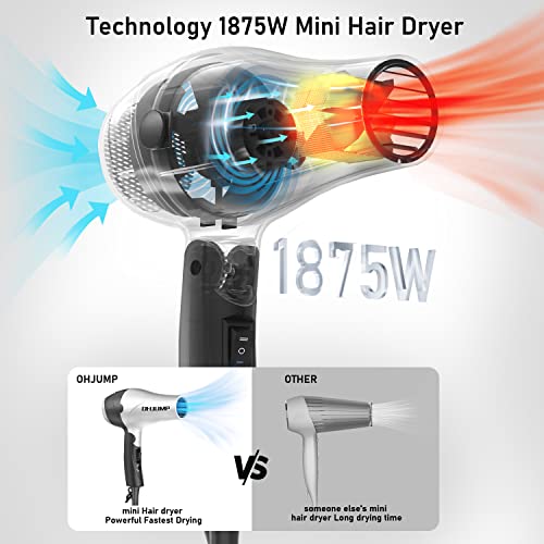Ohjump Mini Travel Hair Dryer Blow Dryer With Diffuser,Portable Small Dual Voltage Compact Hairdryer,Eu Plug,1875W,Powerful Fast Dry,Folding Handle,Diffuser Hair Dryer( Silvery） #TOP3