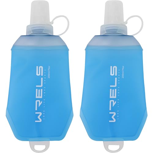 WRELS 200ml/350ml/500ml Collapsible Soft Flask BPA Free Folding Soft Water Bottle with Hanging Ring Lightweight TPU Hydration Flask for Running Marathon Cycling Hiking(200ml-2 Packs)