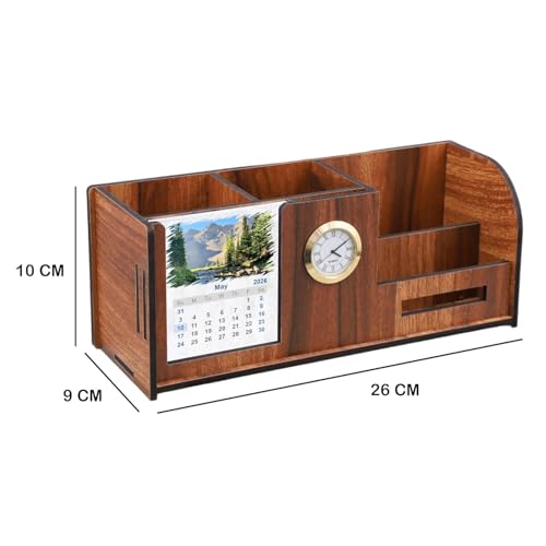 Image of Deskart Premium Pen Holder Stand with Clock, Two Years Calendar, Business Visiting Card & Mobile Holder | Multipurpose Desk Organizer with for Office Desk and Gifting