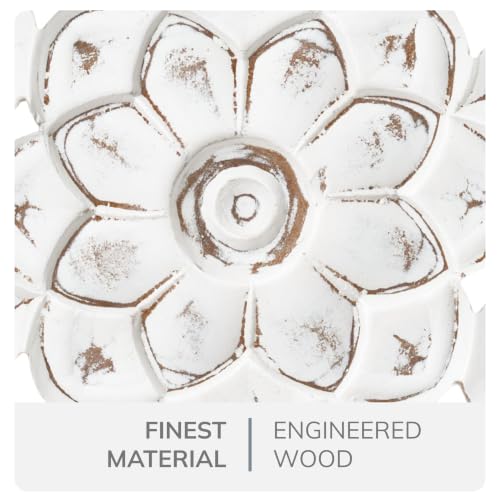 Image of JFY Designs Iris Hand Carved Wood Medallion Wall Panels Bedroom Decor | Wall Mount Floral Sculpture Wall Art for Living Room, Bedroom Set, White Distressed Finish, Round 36 x 36 inch