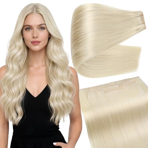 Image of Full Shine Butterfly Weft Hair Extensions 24 Inch 100g 5pcs Platinum Blonde | Long Remy Human Hair, Invisible Blend, Double Layer Weft, Natural Party Look, Micro Beads Installation