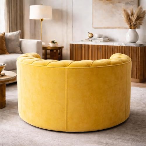 Image of SOFALIZE - Modern Barrel Accent Round Sofa with Pillows, Oversized Arm Chair, Cozy Club Chair for Bedroom, Living Room, Lounge, Hotel & Office Hallways, Yellow, 127cm x 127cm x 80cm