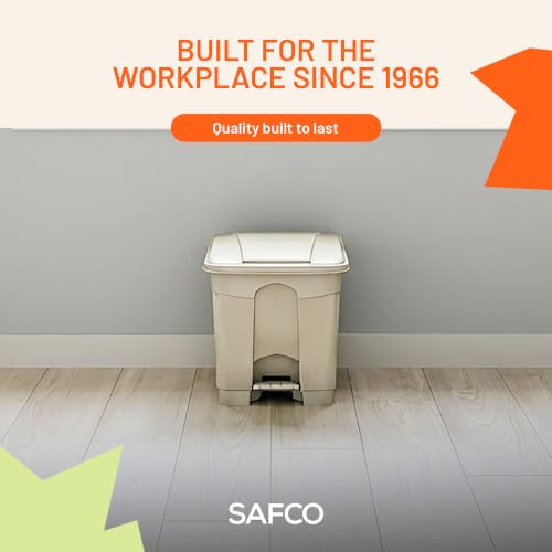 Image of Safco Step-On Indoor Plastic Trash Can, Hands-Free Disposal, 8 Gallon, Tan