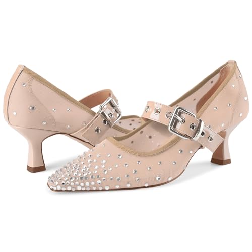 Image of Women's Mesh Closed Pointed Toe Heels Rhinestone Ankle Strap Buckle Kitten Heeled Mary Jane Pumps Dressy Prom Wedding Sandals Shoes 2 inch