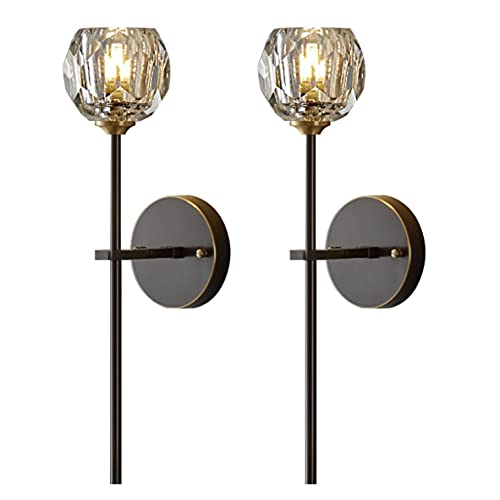Image of BOKT Mid Century Matte Black Crystal Wall Sconce Lighting Set of 2 Modern Long Metal Wall Light Set of Two 1-Light Clear Glass Wall Lamp Retro Industrial Crystal Bathroom Vanity Light Fixture