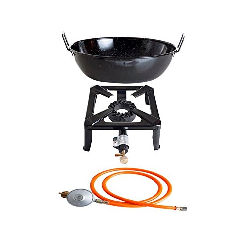 Hockerkocher mit 8.5 kW Leistung, Abmessung 30x30x15 cm und Emailleschüssel/Topf Ø 30 cm inkl. Gasschlauch & Regler