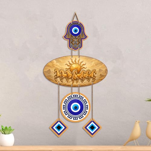 Image of Artvibes Golden Seven Running Horses Evil Eye Wall Hanging for Home Decoration | Vastu Feng Shui Wealth Attraction Decor with Nazar Suraksha Protection for Living Room | Office | Gift Item (WH 85132N)
