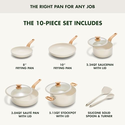 Image of GreenPan Rio Essence Wood 10 Piece Cookware Pots and Pans Set, Healthy Ceramic Nonstick, PFOA & PFAS-Free Coating, Induction, Silicone Rim Lids, Stay-Cool Wood Print Handles, Dishwasher Safe, White