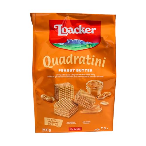 Loacker Quadratini Peanut Butter bite-size Wafer Cookies - 30% Less Sugar - Premium Crispy Wafers with Peanut Butter cream filling - great for snacks & desserts- Non GMO - LARGE Snack Bag 250g/8.82oz