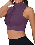 Women Full Zip Running Tops Mock Neck Tops for Women Front Zipper Sport Bra Sleeveless Tank Crop Top Basic Classic Workout Gym Tees Athletic Vest Purple