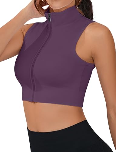 FEOYA Crop Tank Top for Women Full Zip Up Sleeveless Mock Neck Workout Yoga Gym Short Cropped Jacket 2025, Purple, 4-6