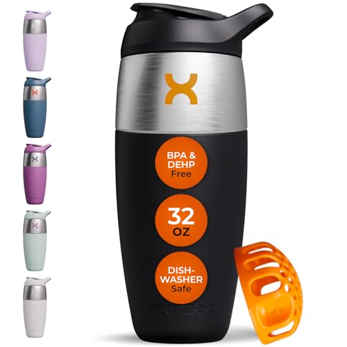 Promixx Pursuit Shaker-Flasche - einwandige Edelstahl Protein Shaker Bottle, super glatte Shakes, 950ml, Schwarz