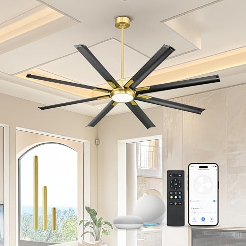 Image of Industrial Ceiling Fan With Light,72 Inch Black & Gold Ceiling Fan With 8 Aluminium Metal Blades,Works with Voice Control,Ideal for Covered Outdoor Spaces,CF04BGB-72