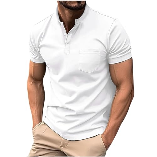 Men's Summer Button Mock Turtleneck T Shirt Solid High Collar Short Sleeve Tops Basic Loose Fit Shirts with Pocket