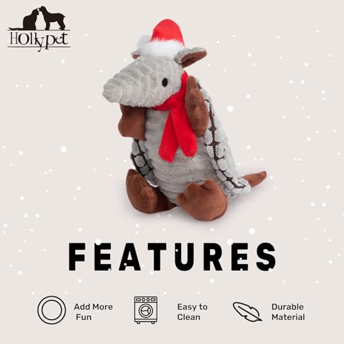 Image of Hollypet Plush Dog Squeaky Toy Stuffed Armadillo Animal Pet Puppy Chew Toys with Clean Teeth for Small Medium Large All Breed Sizes Dogs, Christmas Gray, 8 in