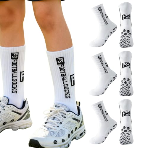 JUGUTA Meias antiderrapantes futebol 3 pares, cor branca tamanho 33-39, para crianças desportos basquetebol ténis