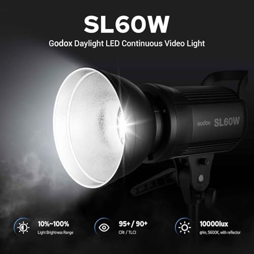 Image of Godox SL60W LED Video Light, 60W 5600K Daylight LED Continuous Light SL-60W, Powerful Studio Bright Light with Bowens Mount 10-100% Brightness for Video Recording Wedding