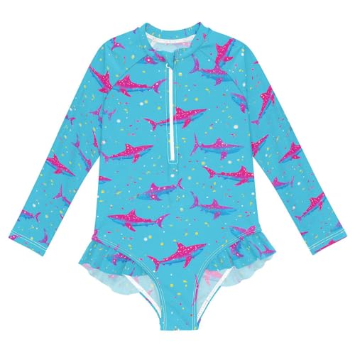 ALAZA Fish Shark Blue Girls One Piece Swimsuit Long Sleeve Rash Guard Swimsuits UV 50+ Swimwear Zipper