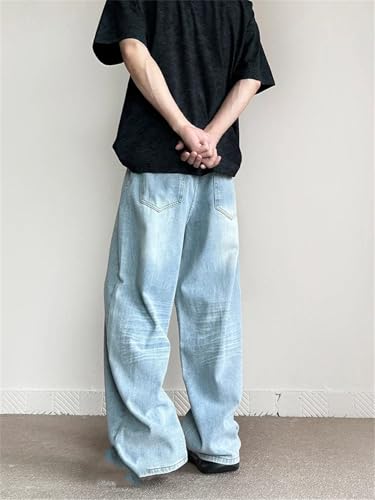 Men's Vintage Blue Jeans, Lightweight Zipper Placket Straight Jeans, High Street Hip-Hop Trousers4