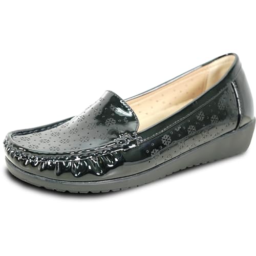 Image of KOZI Women Comfort Casual Wedge Shoe Slip-On Loafer ML Collection Round Toe Penny Loafer Removable Insole Black Champagne