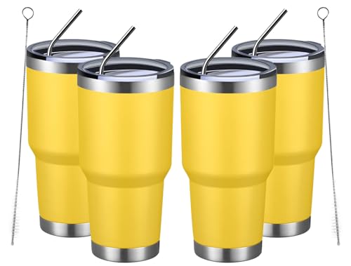 Image of MEWAY 30oz Insulated Tumbler With Lids and Straws,Stainless Steel Double Vacuum Coffee Tumbler Cup, Brush, Durable Powder Coated Coffee Cup for Cold & Hot Drinks, Office, Travel(Yellow,4 PACK)