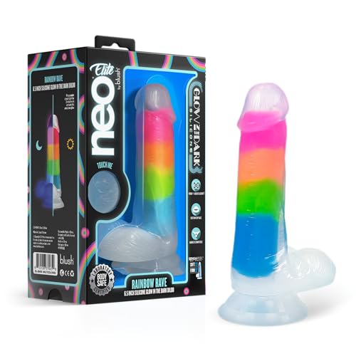 Image of Blush Neo Elite: Rainbow Rave 6.5 inch Silicone Dildo ~ 1.25 inch Wide Glowing Dildos ~ Suction Cup Strap-On Compatible ~ G-Spot Anal Vaginal Pegging Play ~ Night Pleasure Sex Toys Penis for Women Men Couples