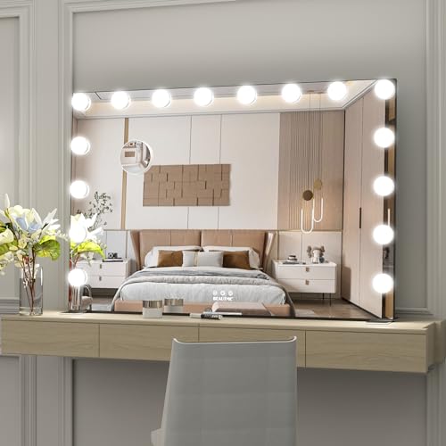 WONSTART Espejos cosmético Grande con Luces 91 x 61 cm, Espejo de Hollywood con Luce para Maquillaje,Espejo de Mesa o de Pared, LED 3 Modos llevó luci de Color, Negro