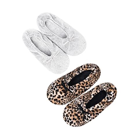 DICUIRD Women's Ballerina Slippers Lightweight House Slippers with Stretchable Heel Design, 2 Pack (Gray&Leopard, 6.5-8.5) Cover
