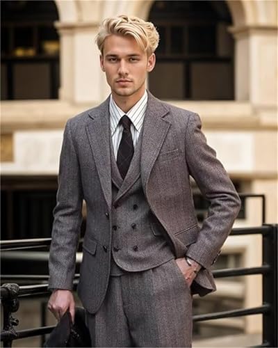 FLwuhui Retro Men Suit 3 Pieces Jacket Pant Vest Brown Grey Tweed Herringbone Men's Suits Slim Fit Groom Tuxedos Prom Blazer3