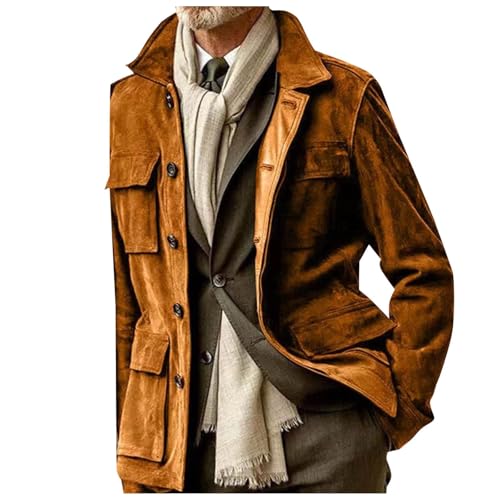Bauzuoyo Chaqueta de invierno para hombre, gabardina con botones y múltiples bolsillos, gabardina vintage al aire libre, informal, otoño e invierno, chaqueta cálida para hombre, ante, marrón, XXL