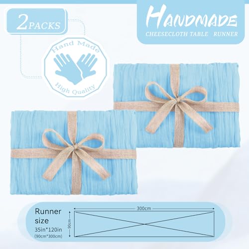YMHPRIDE 2 Packs Cheesecloth Table Runner Baby Blue, 90x300cm Light Blue Rustic Gauze Fabric Boho Table Runner, Cheesecloth Wedding Table Decor for Wedding Party Bridal Shower Table Decorations - Image 2