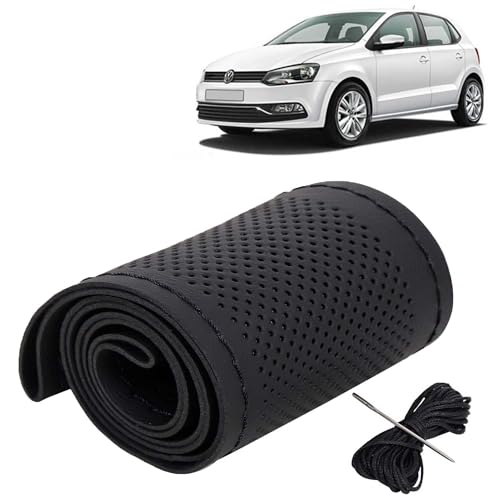 Image of KINGSWAY PU Leatherite Car Steering Cover Sewable Compatible with Volkswagen Polo (Year 2009 Onwards), Black Color with Black Thread, Pack of 1 with Sewing Needle and Thread