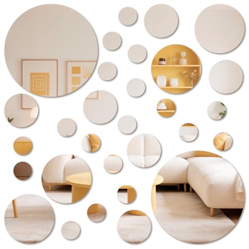 30PCS 4 Sizes Acrylic Mirror Wall Stickers, 3D Wall Art Stickers, Decorative Circle Mirrors for Decor, Small Mirror for for Bedroom, Home, TV Background Decor (Silver, 15/8/5.5/3cm)