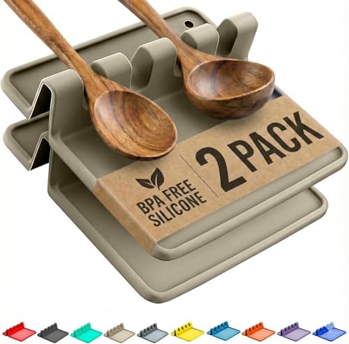 Image of Cooler Kitchen Sage Silicone Spoon Rest for Stove Top with Drip Pad (Two Pack) - Heat Resistant BPA Free Utensil Rest & Spoon Holder for Kitchen Counter - Grill Utensil Holder - Spatula Holder